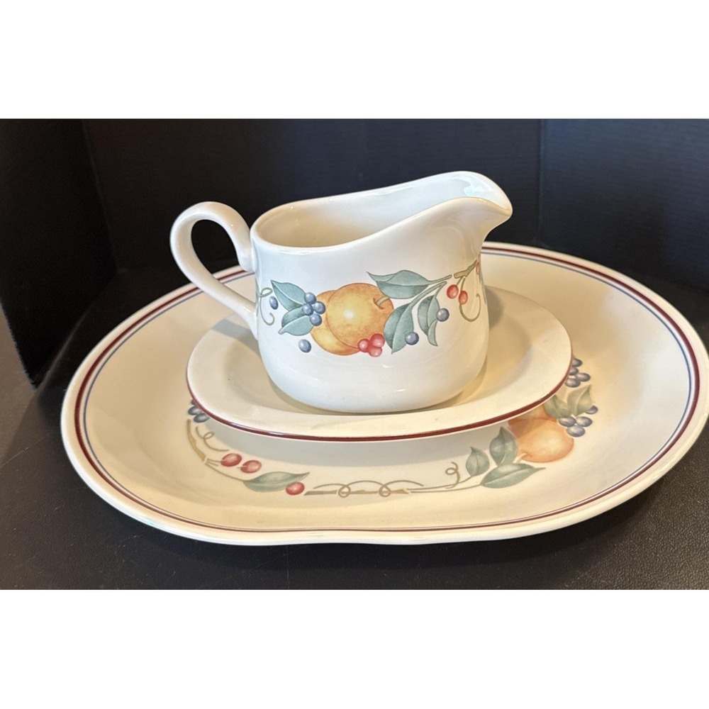 Corelle Abundance Fruit Gravy Boat Underplate & Oval Platter Plate USA Vintage